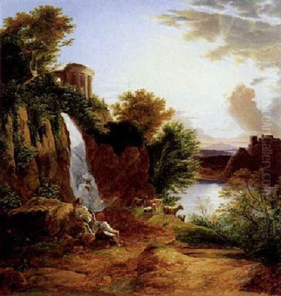 Landschaft Mit Einem Tempel Der Sibylle In Tivoli Mit Zwei Hirten Oil Painting by Karoly Marko the Elder