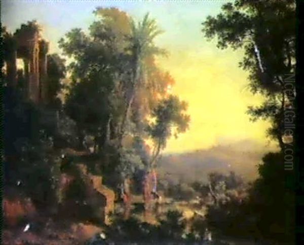 Classical Ruins In An Extensive Italianate Landscape Oil Painting by Karoly Marko the Elder