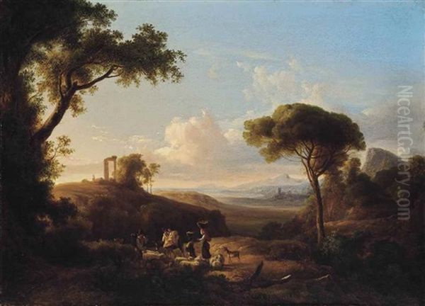 Figures In A Classical Landscape Oil Painting by Karoly Marko the Younger