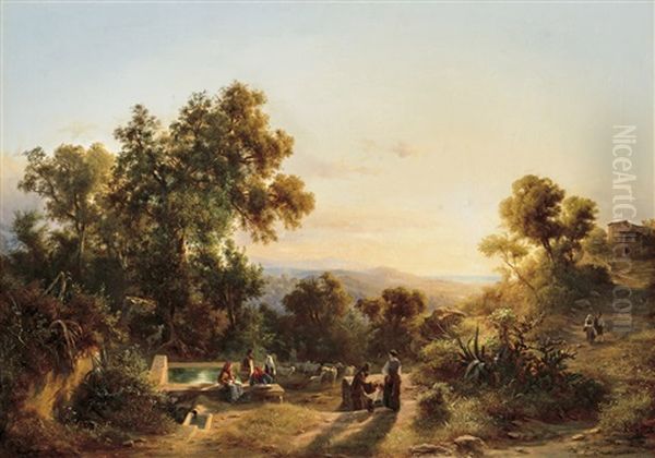 Italian View With Figures Oil Painting by Karoly Marko the Younger