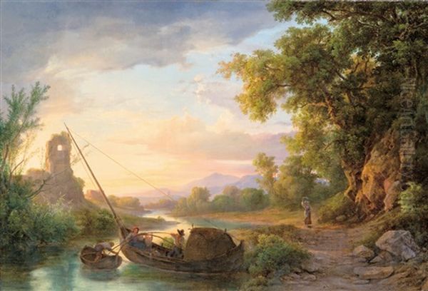 Fishing At Dawn Oil Painting by Karoly Marko the Younger