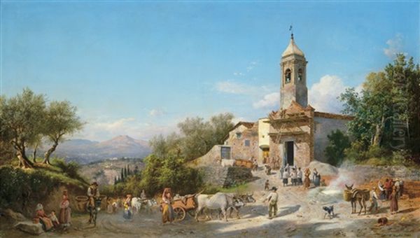 Building A Church Oil Painting by Karoly Marko the Younger