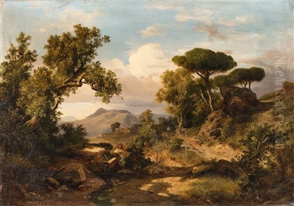 An Italian Landscape With A Woman At A Well And A Traveller Oil Painting by Karoly Marko the Younger