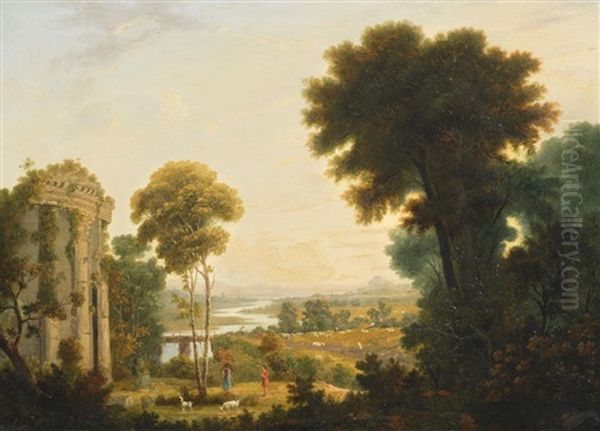 Pastorale Landschaft Mit Antiker Tempelruine Oil Painting by Karoly Marko the Younger