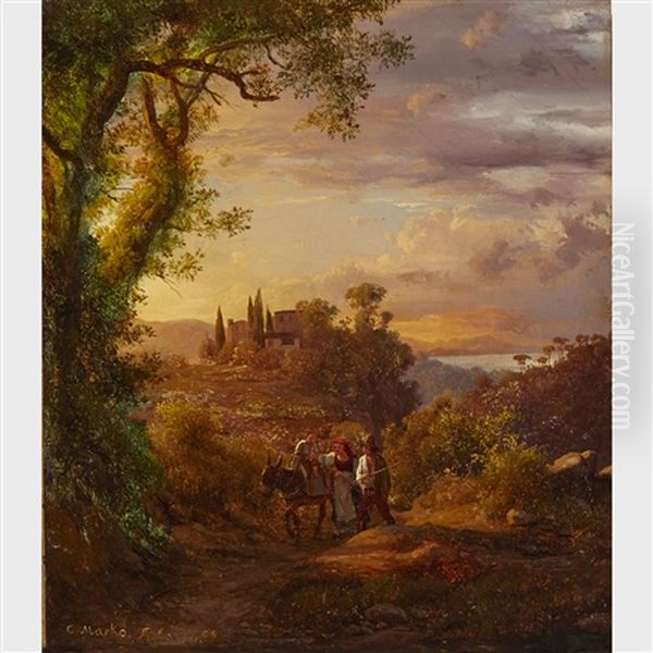 Figures On A Country Trail Oil Painting by Karoly Marko the Younger