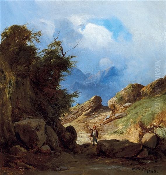 Wanderer In Italian Landscape Oil Painting by Karoly Marko the Younger