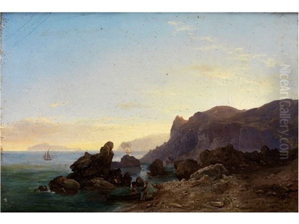 Felsige Kustenlandschaft Mit Segelbooten Auf Der Ruhigen Meeresoberflache Unter Blauem Himmel Im Spatlicht Oil Painting by Karoly Marko the Younger