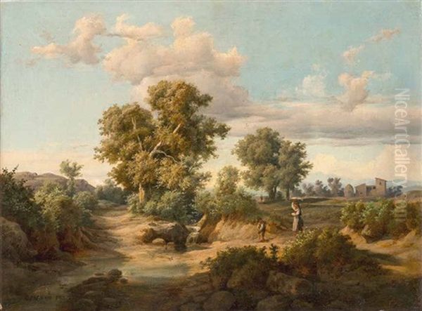 Campagnerlandschaft Mit Einem Madchen, Das Zu Einem Kleinen Fluss Geht, Um Wasser Zu Holen Oil Painting by Karoly Marko the Younger