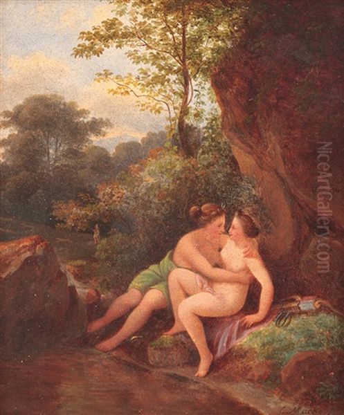 Diana And Callisto (jupiter Disguised In Diana, Seducing Callisto, At The Edge Of A Creek, Having Cupidon In The Distant Plan) Oil Painting by Karoly Marko the Younger