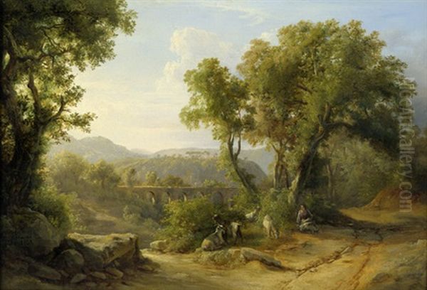 Italienische Landschaft Mit Viadukt, Im Vordergrund Eine Ziegenhirtin Oil Painting by Karoly Marko the Younger