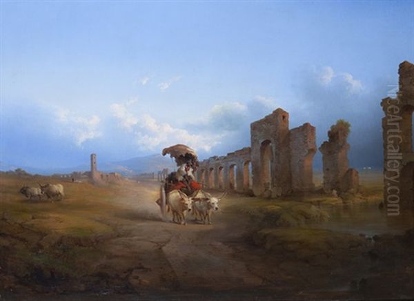 Carro Con Buoi In Transito Nei Pressi Di Un Antico Acquedotto Nella Campagna Romana Oil Painting by Karoly Marko the Younger