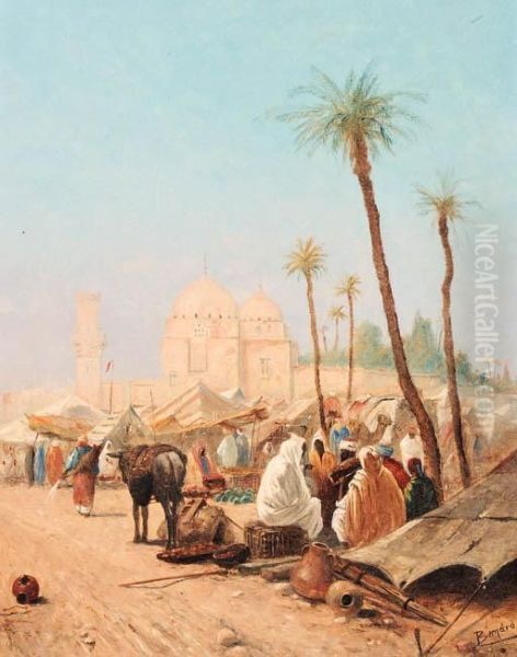 An Arab Market Oil Painting by L. Bernard