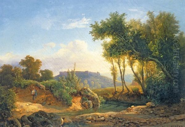 Italian Landscape With Wanderer Oil Painting by Karoly Marko the Younger