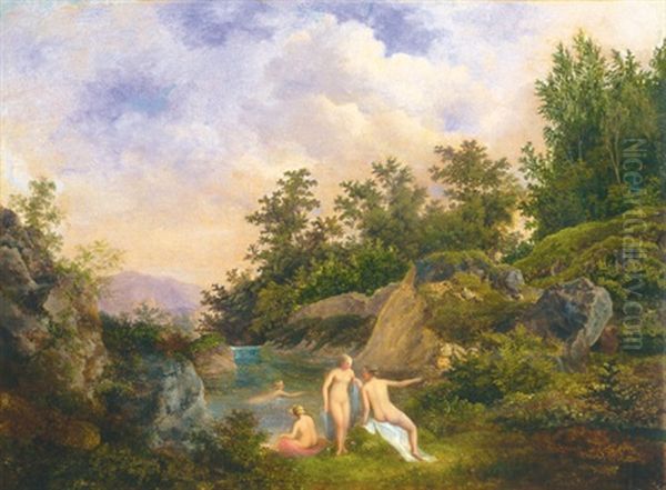 Bathing Nudes In Landscape Oil Painting by Karoly Marko the Younger