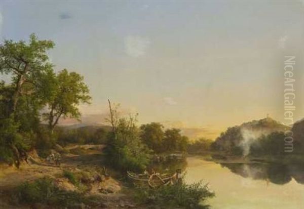 Italienische Flusslandschaft Mit Wanderern Und Fischerbooten Oil Painting by Karoly Marko the Younger