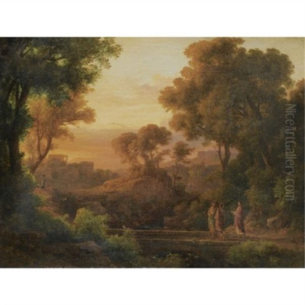 Christ With Two Disciples In A Classical Landscape Oil Painting by Karoly Marko the Younger