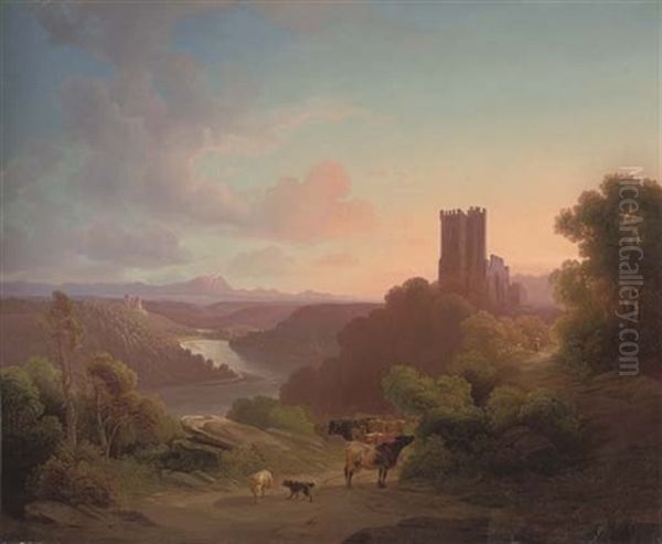 Cattle Before A Riverside Castle, Dusk Oil Painting by Karoly Marko the Younger