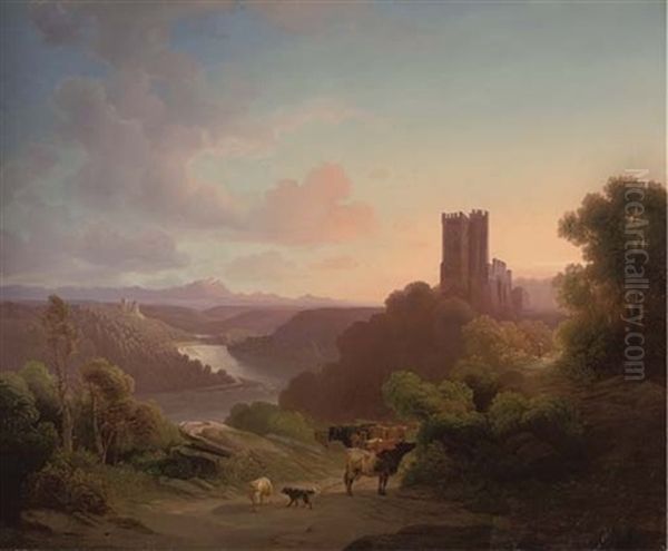 Cattle Before A Riverside Castle, Dusk Oil Painting by Karoly Marko the Younger