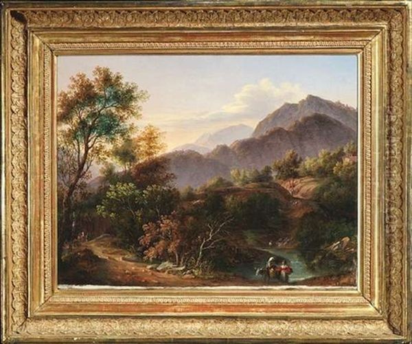 Sudlandische Berglandschaft Im Licht Der Abendsonne, Die Durch Reizvolle Figurenstaffage Belebt Wird Oil Painting by Karoly Marko the Younger