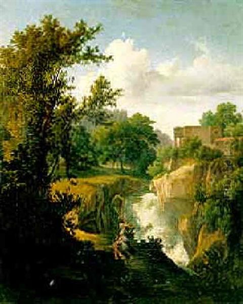 Figures In A Classical Landscape Oil Painting by Karoly Marko the Younger