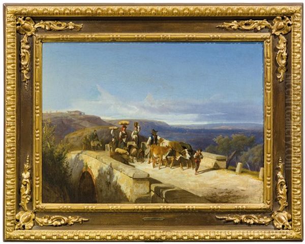 Farmers Crossing A Stone Bridge Oil Painting by Andras Marko