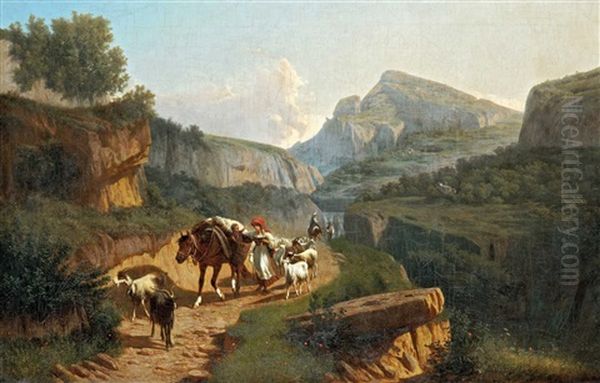 Italian Landscape With Shepherds Returning Home Oil Painting by Andras Marko