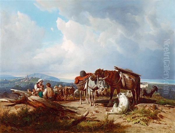 Italian Landscape With A Resting Family, 1860 Oil Painting by Andras Marko