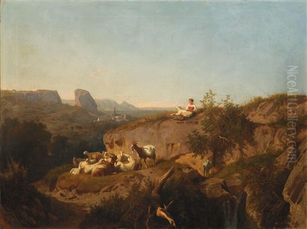 Eine Hirtin Mit Ihrer Schafherde, Auf Der Linken Seite Der Monte Procinto Und Im Hintergrund Farnoccia, Toskana Oil Painting by Andras Marko