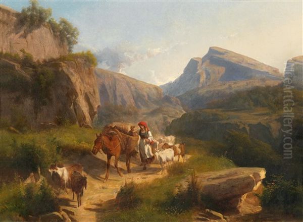 Hirtin Mit Ihrer Kleinen Herde Am Bergpass Oil Painting by Andras Marko