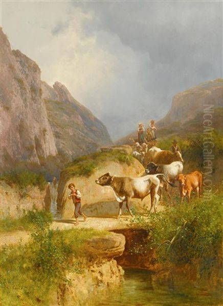 Shepherd Boy Leading The Herd Oil Painting by Andras Marko