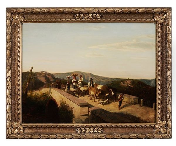 Italian Campagna Scene With Figures Crossing A Bridge Oil Painting by Andras Marko