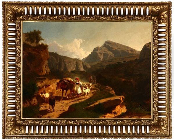 Figure, Horse-drawn Cart And Goats Along A Mountain Path In An Expansive European Landscape Oil Painting by Andras Marko