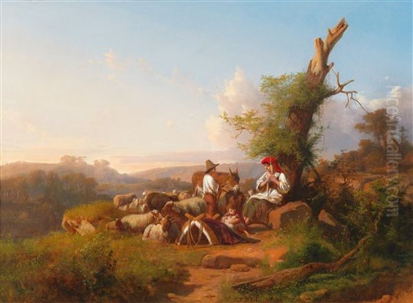 Rastende Hirtenfamilie In Der Campagna Umgeben Von Ihrer Schafherde Oil Painting by Andras Marko