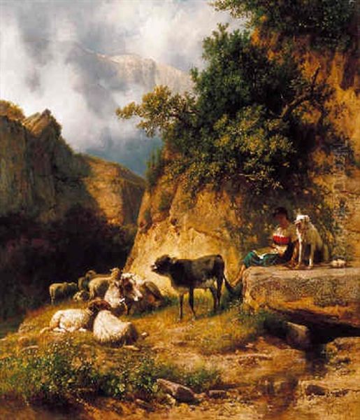 Italiai Taj Hegyi Forrasnal Piheno Pasztorlannyal (italian Landscape With A Shepherdess, Resting By The Mountain Spring) Oil Painting by Andras Marko