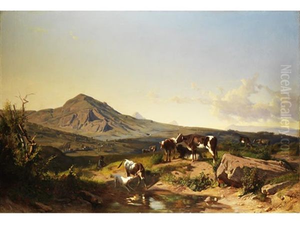 Italienische Campagnalandschaft Bei Rom Mit Kuhen Und Einem Hirten Oil Painting by Andras Marko