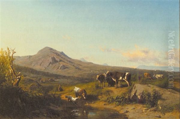 Alpine Landscape With Cattle And Dog Oil Painting by Andras Marko