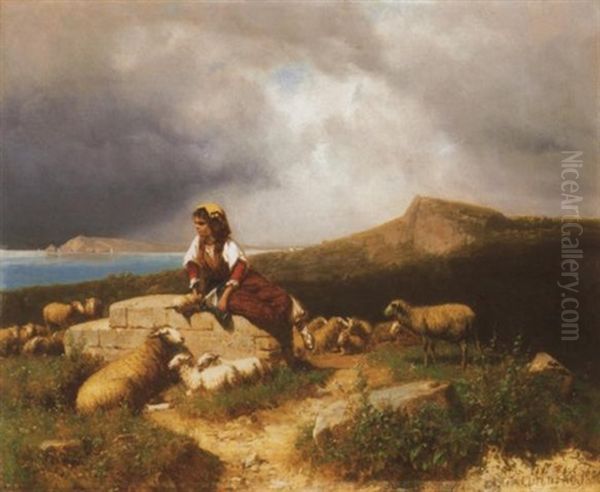 Pasztorlany Italiai Tengerparton (shepherdess On Italian Beach) Oil Painting by Andras Marko