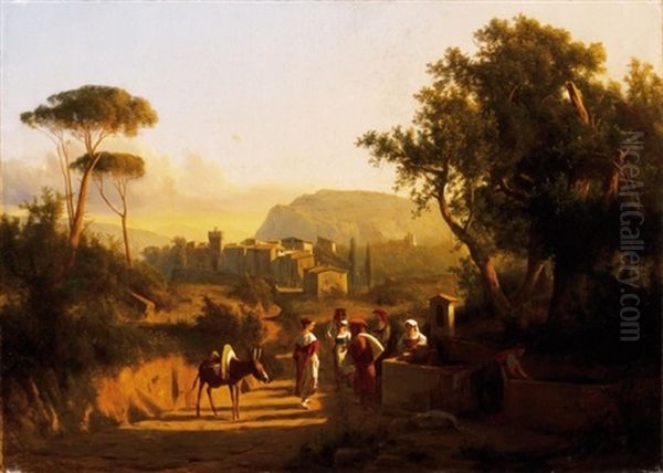 Talalkozas A Kutnal (meeting By The Well In Italian Landscape) Oil Painting by Andras Marko