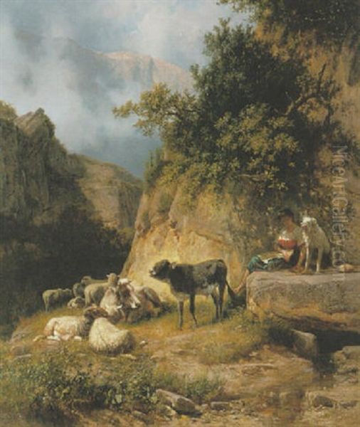 Shepherdess With Her Flock In Mountainous Landscape Oil Painting by Andras Marko