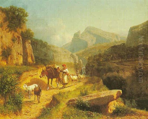 Driving A Herd Of Goats On A Mountainous Path Oil Painting by Andras Marko