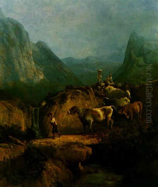 Cattle, Sheep And Goats In An Italian Alpine Landscape Oil Painting by Andras Marko