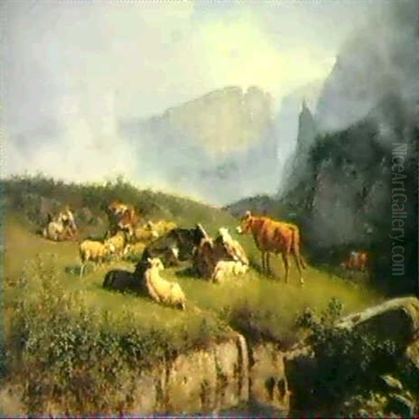 Hirten Mit Weihdenden Kuhen Und Schafen Oil Painting by Andras Marko