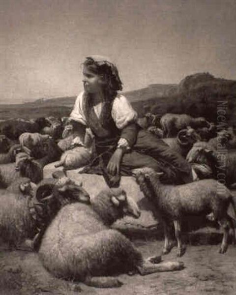 Shepherdess With Her Flock Oil Painting by Andras Marko