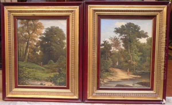 La Promenade Dans Le Bois Et Paysanne Pres D'une Riviere (pair) Oil Painting by Henry Marko