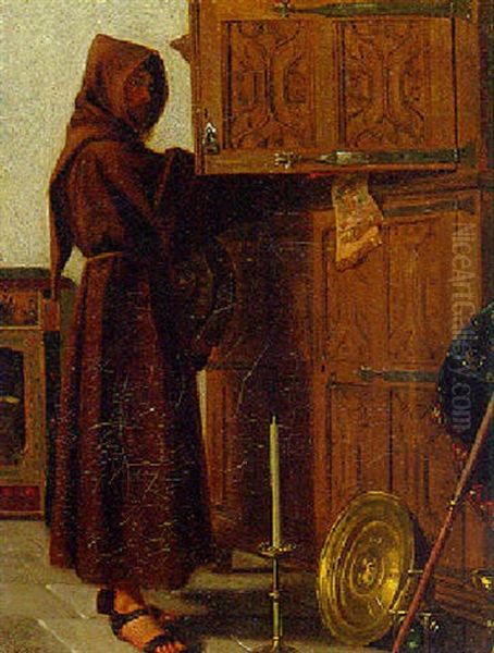 A Monk At A Court Cupboard Oil Painting by Henry Stacy Marks