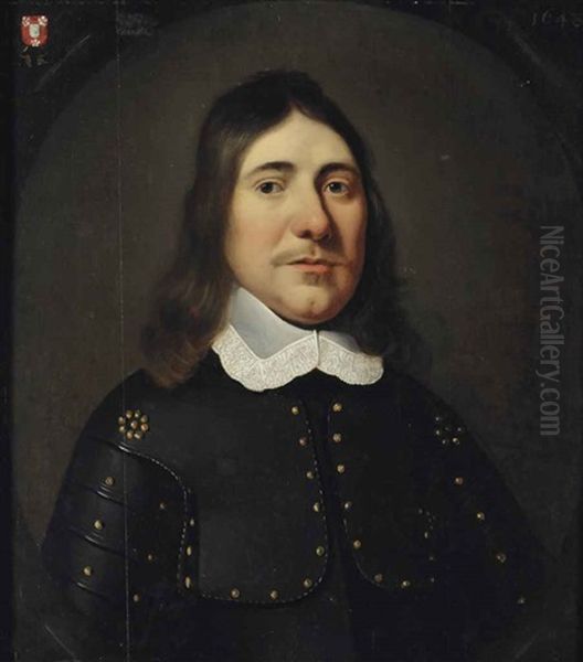 Portrait Of A Gentleman, Bust-length, In Armour With A White Lace Collar, In A Painted Cartouche Oil Painting by Eva van Marle