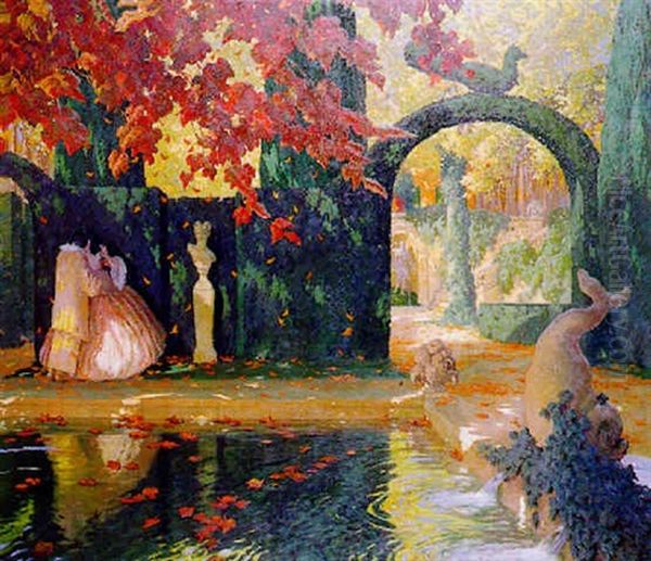 Pierrot Et Colombine Dans Un Parc A L'automne Oil Painting by Francois Marie Leon de Marliave