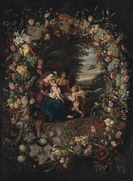 The Virgin And Child Attended By Angels, Surrounded By A Garland Of Flowers Oil Painting by Philippe de Marlier