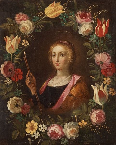 Cartouche Of Flowers With A Lady, Possibly Saint Ursula Oil Painting by Philippe de Marlier