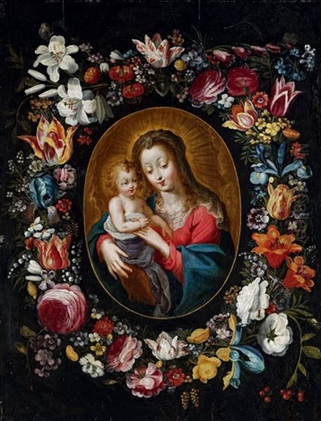 Marlier_philipp Madonna Mit Kind In Einem Blutenkranz Oil Painting by Philippe de Marlier